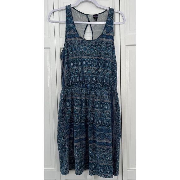 Patagonia West Ashley Organic Cotton Keyhole Back Blue Mosaic Dress Size Large - Picture 2 of 13